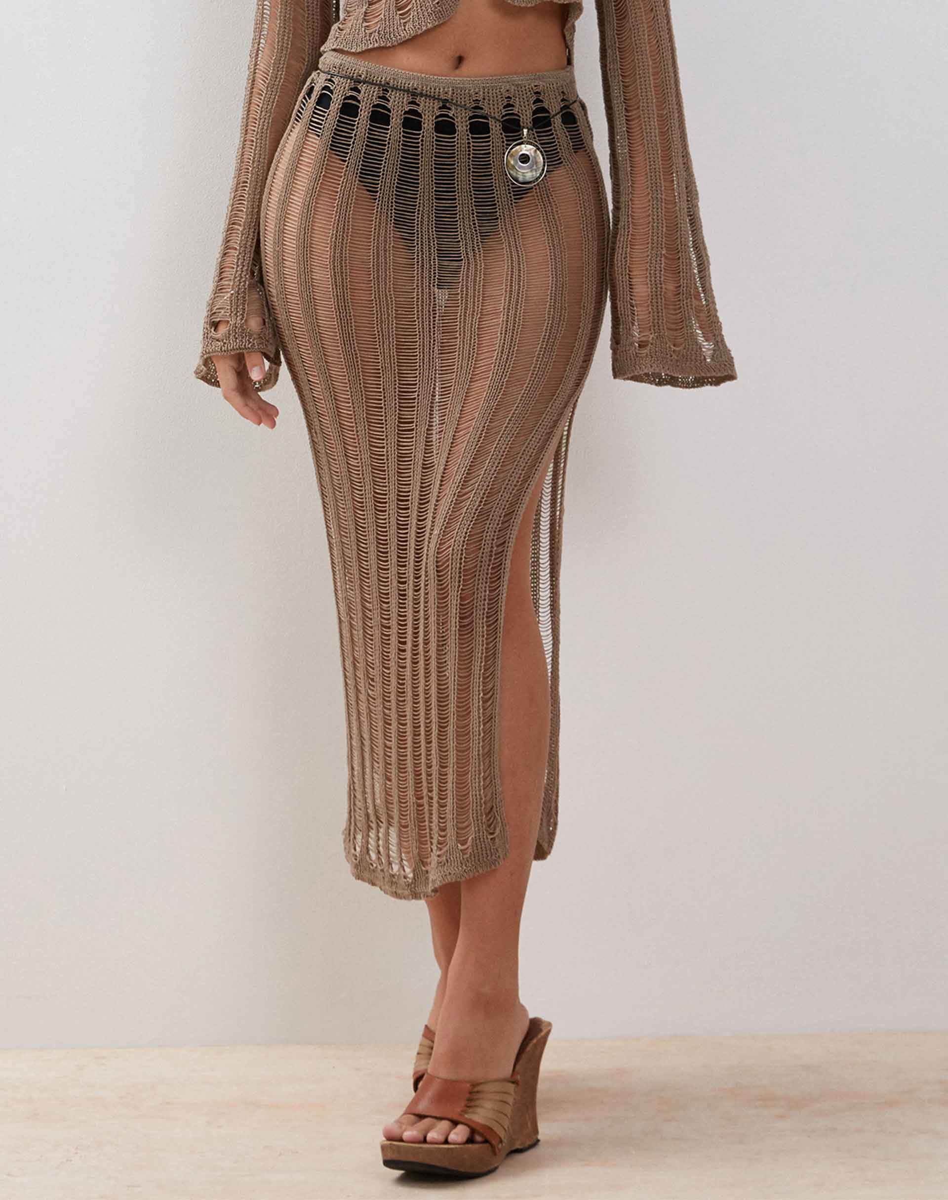 Afbeelding van Willa Gebreide Midi Rok in Woest Taupe