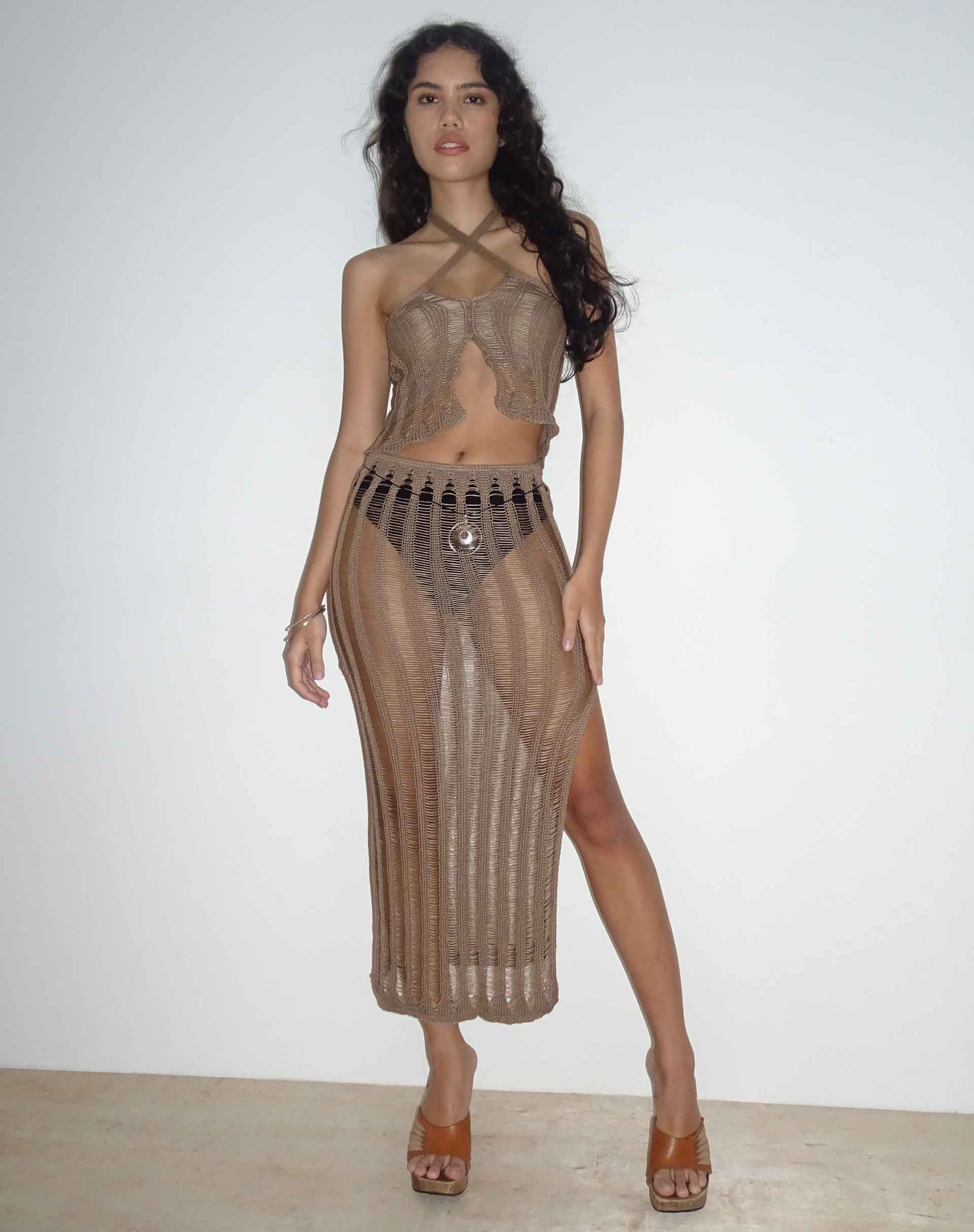 Afbeelding van Willa Gebreide Midi Rok in Woest Taupe