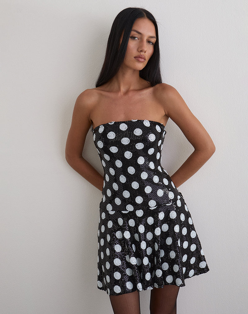 Afbeelding van Pipo Mini jurk in polka pailletten monochroom