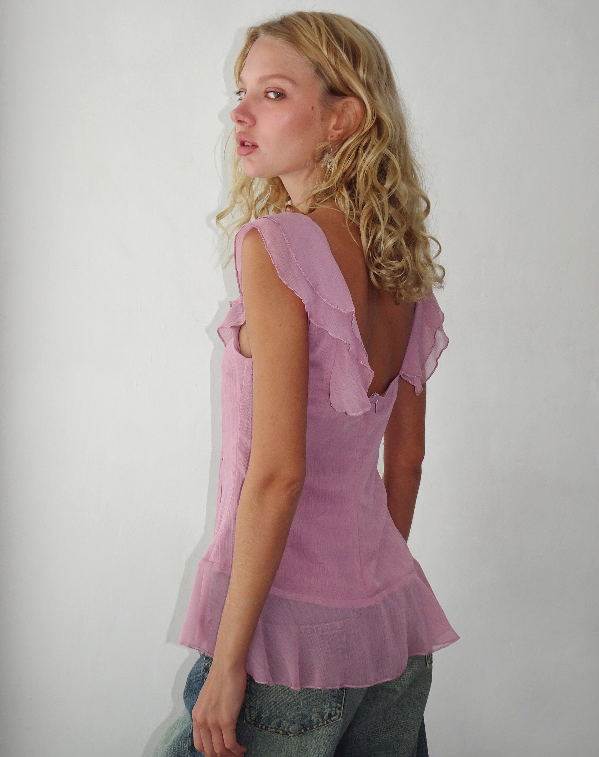 Afbeelding van Piro Ruffle Longline Top in Light Plum