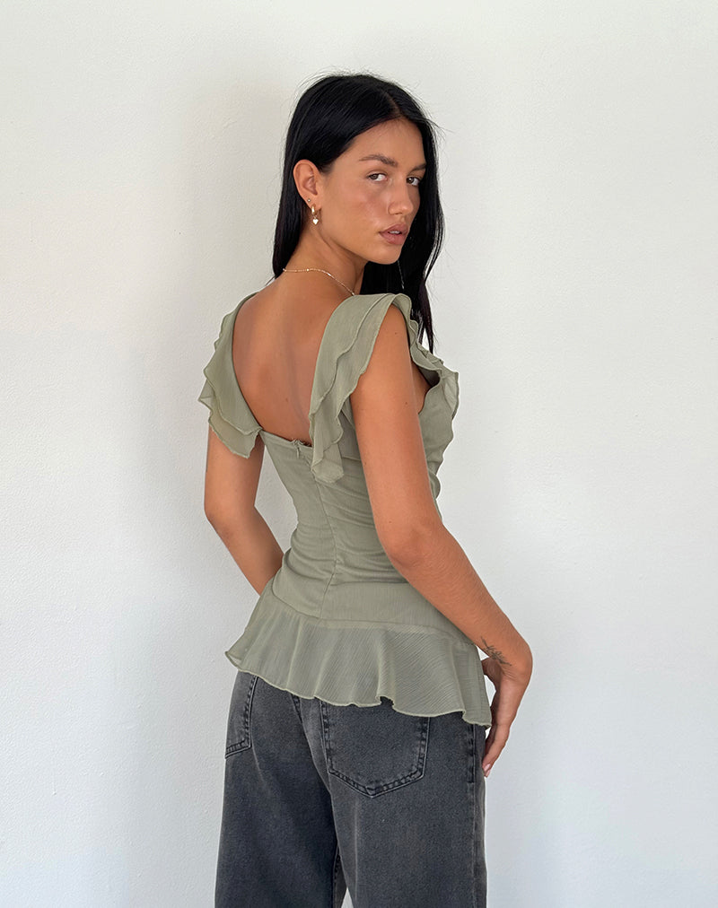 Afbeelding van Piro Ruffle Longline Top in Chiffon Olive