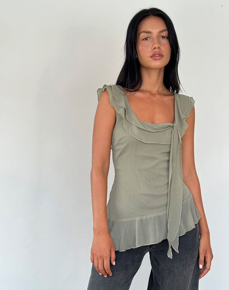 Afbeelding van Piro Ruffle Longline Top in Chiffon Olive
