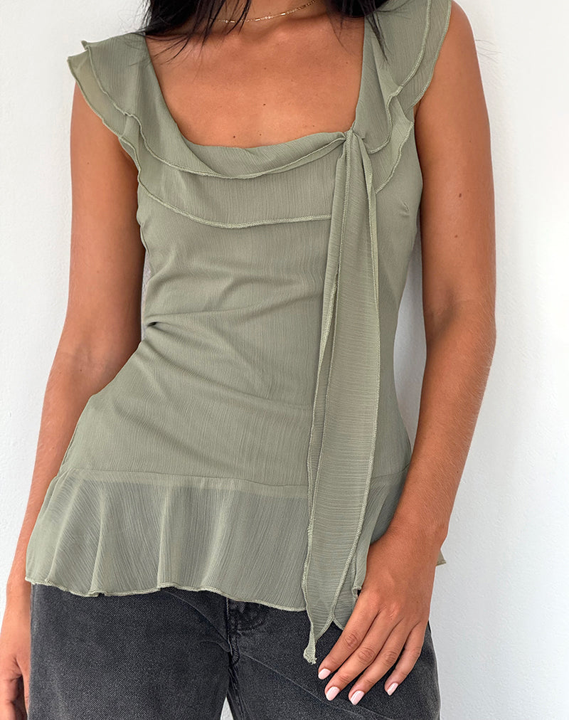Afbeelding van Piro Ruffle Longline Top in Chiffon Olive