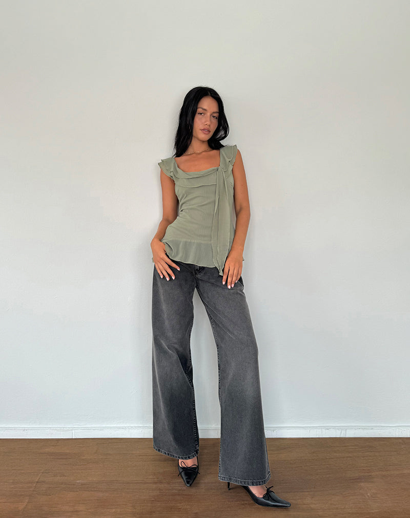 Afbeelding van Piro Ruffle Longline Top in Chiffon Olive