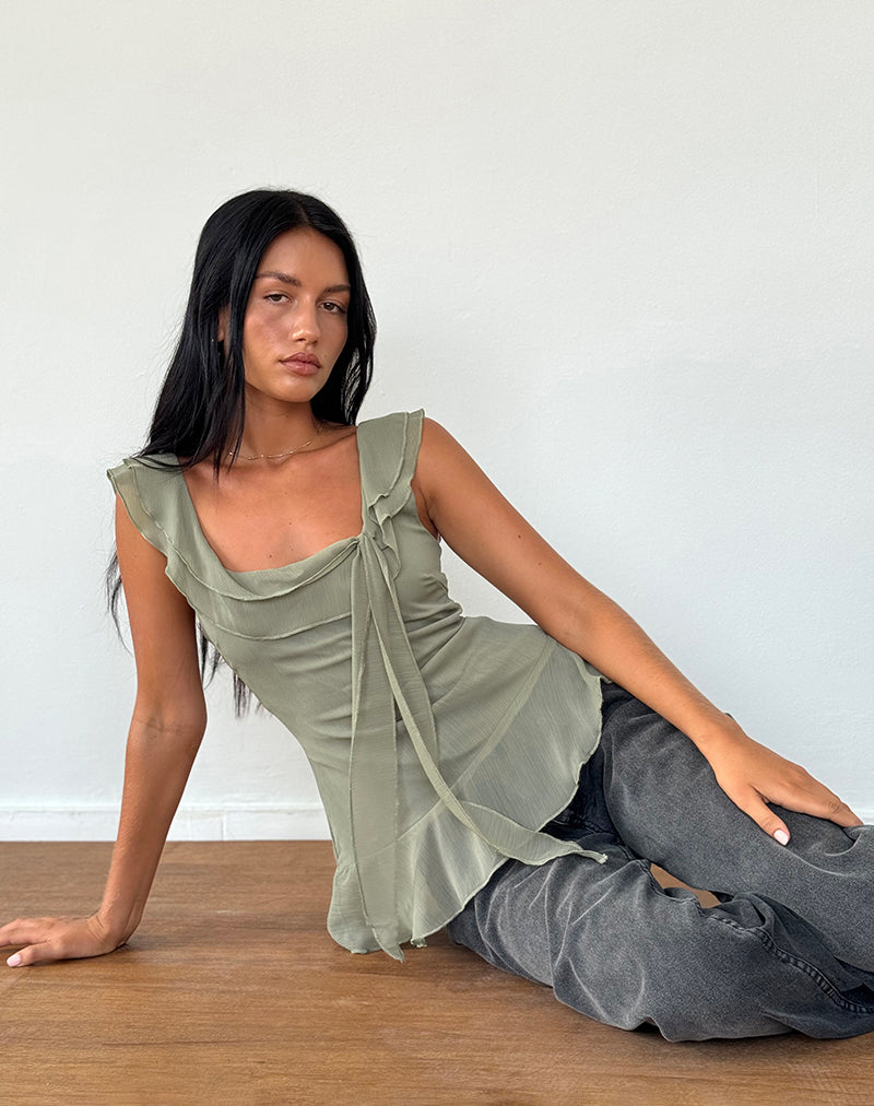 Afbeelding van Piro Ruffle Longline Top in Chiffon Olive
