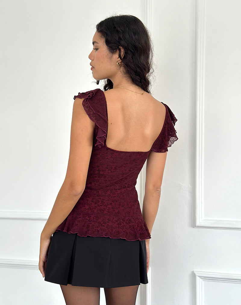 Afbeelding van Piroli Top in Ditsy Floral Flock Burnt Maroon