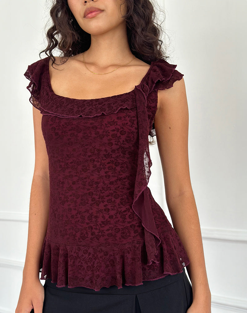 Afbeelding van Piroli Top in Ditsy Floral Flock Burnt Maroon