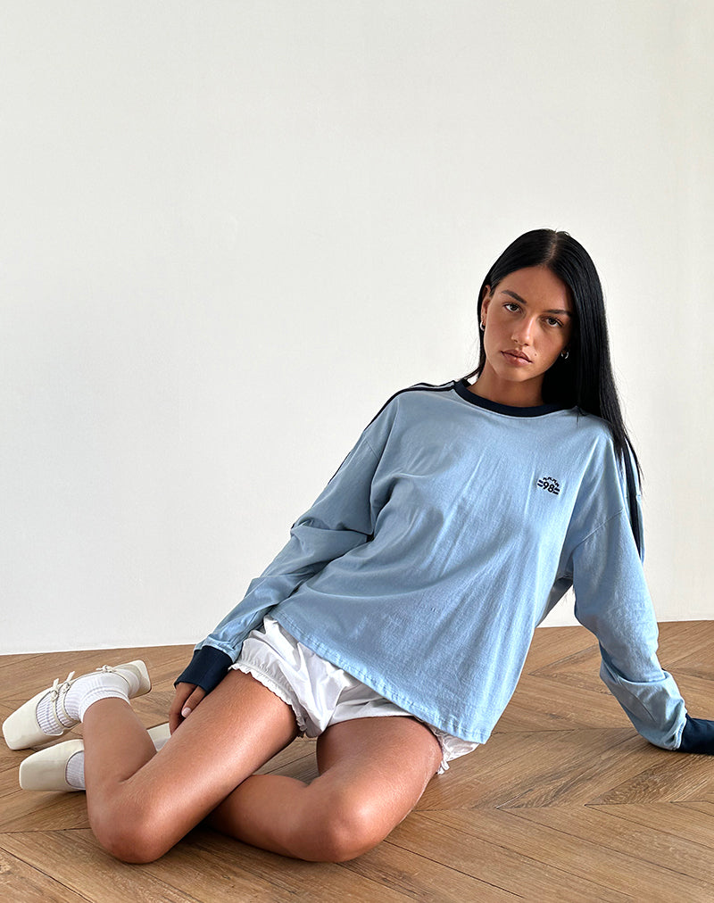 Prata Lange Mouw Top in Nantucket Blue met Navy Binding