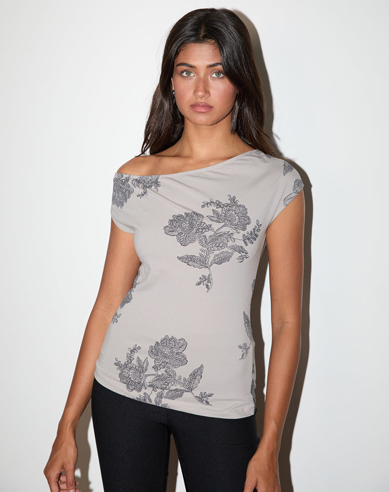 Pyso Asymmetrische Top in Kanten Bloem Grijs