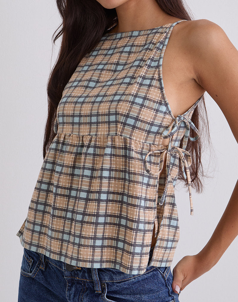 Afbeelding van Palsi Losse Mouwloze Top in Pastelblauw Tartan
