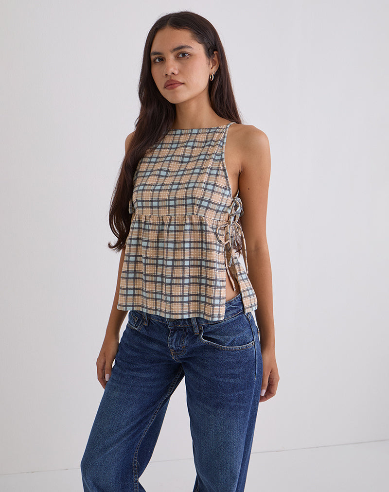 Palsi losse mouwloze top in pastelblauw ruitmotief
