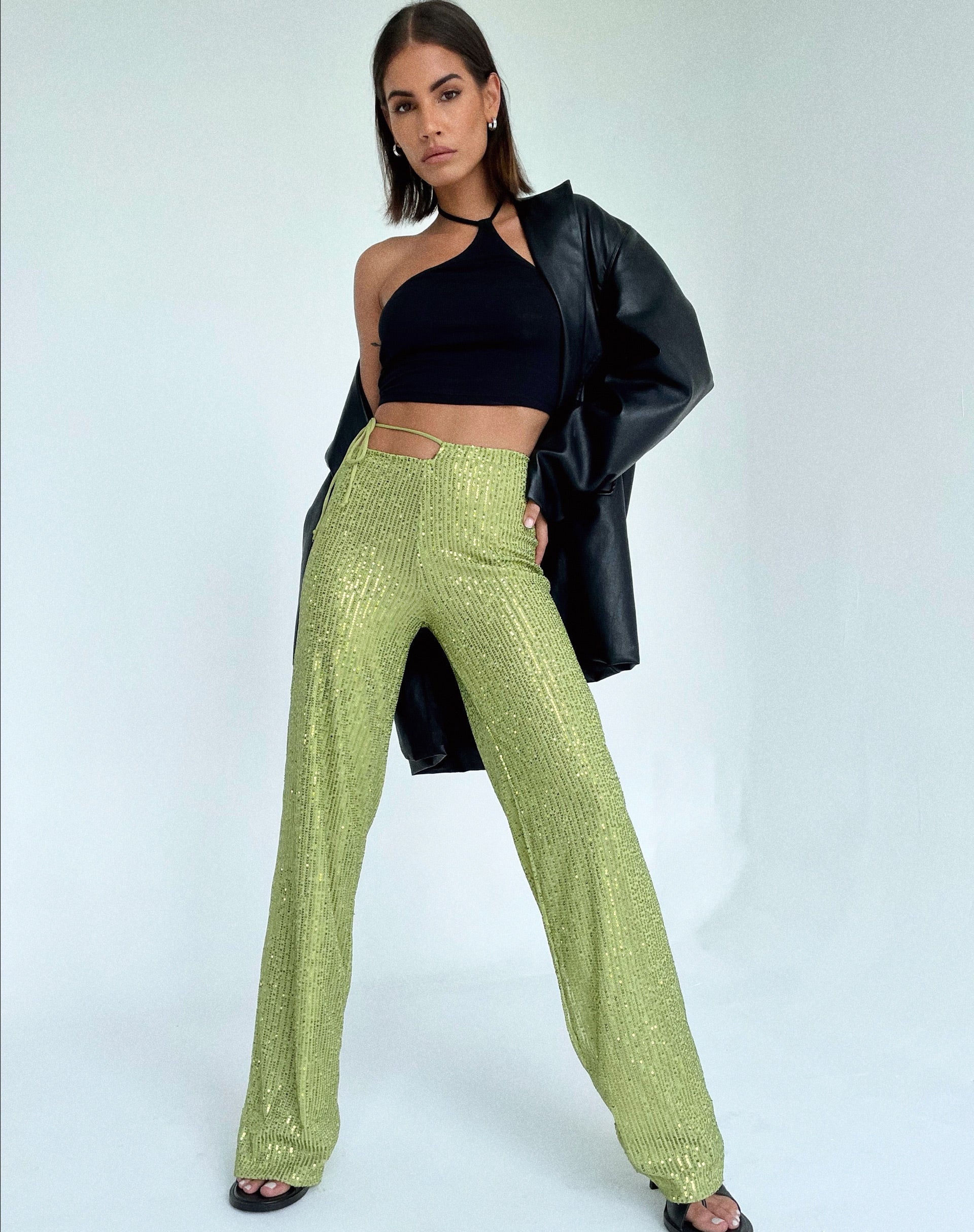 Afbeelding van Sanju Broek in Drape Pailletten Lime Green