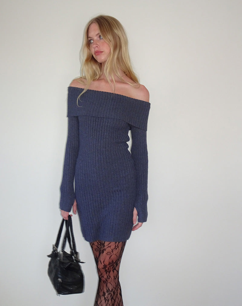 Queeva Gebreide Bardot Mini Jurk in Donker Houtskool