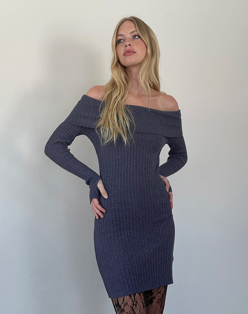 Afbeelding van Queeva Gebreide Bardot Mini Jurk in Donker Houtskool