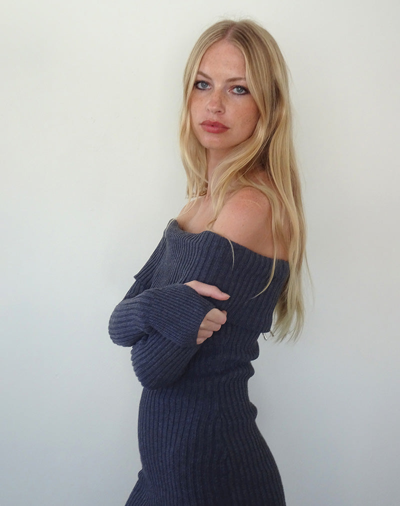 Queeva Gebreide Bardot Mini Jurk in Donker Houtskool