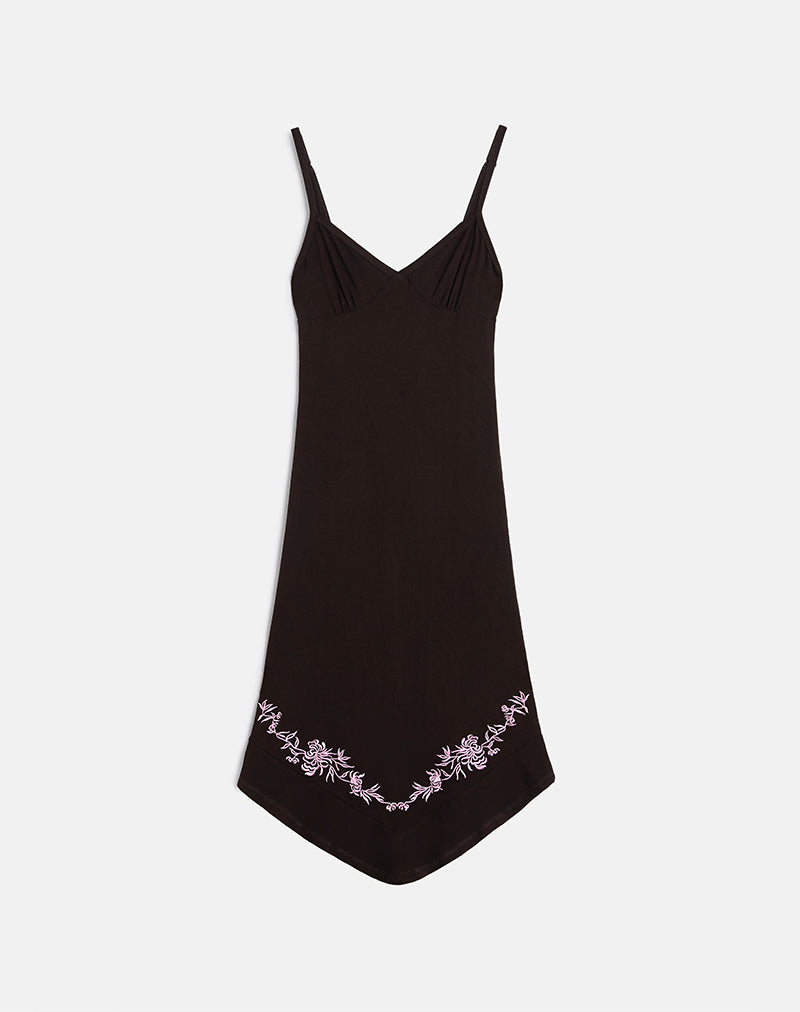 Quelin Midi Dress in Chocoladebruin met Rozenborduursel