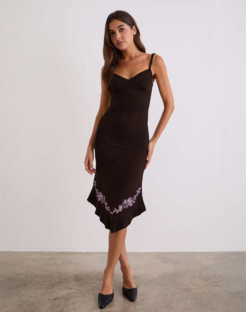 Quelin Midi Dress in Chocoladebruin met Rozenborduursel