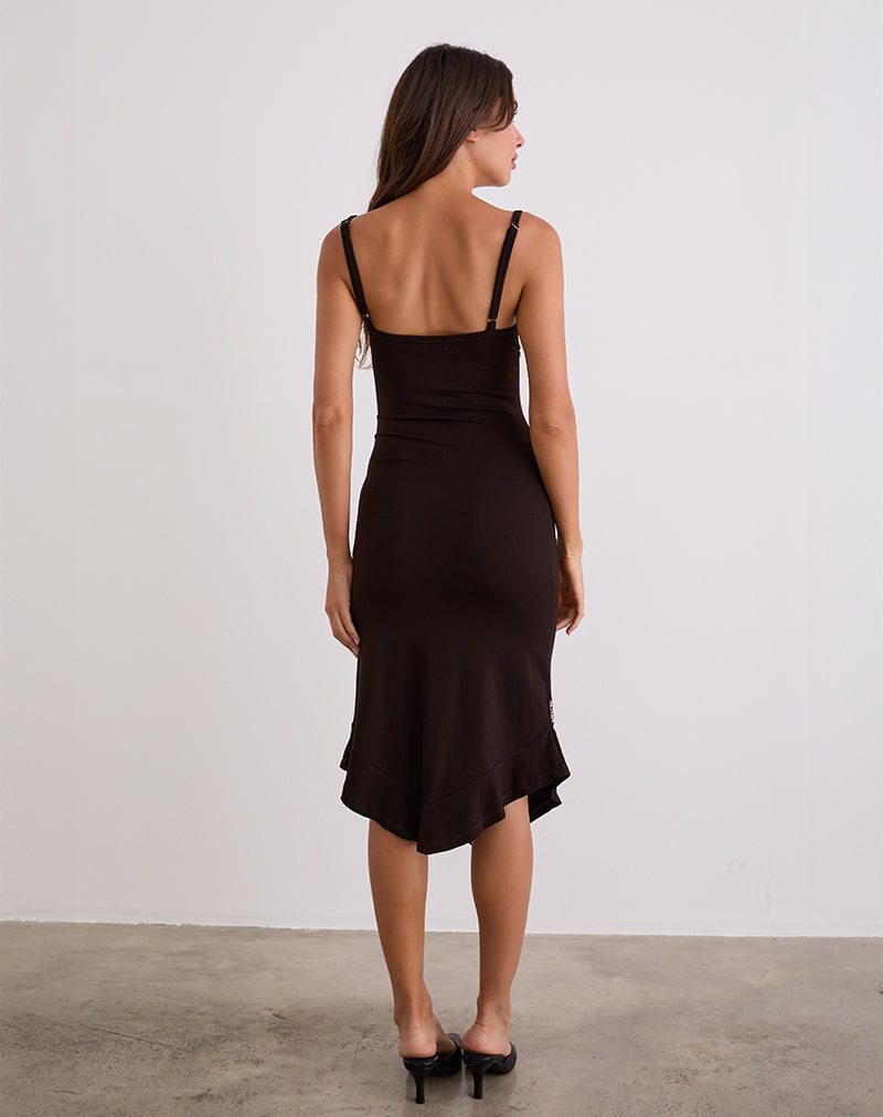 Afbeelding van Quelin Midi Dress in Chocoladebruin met Rozenborduursel