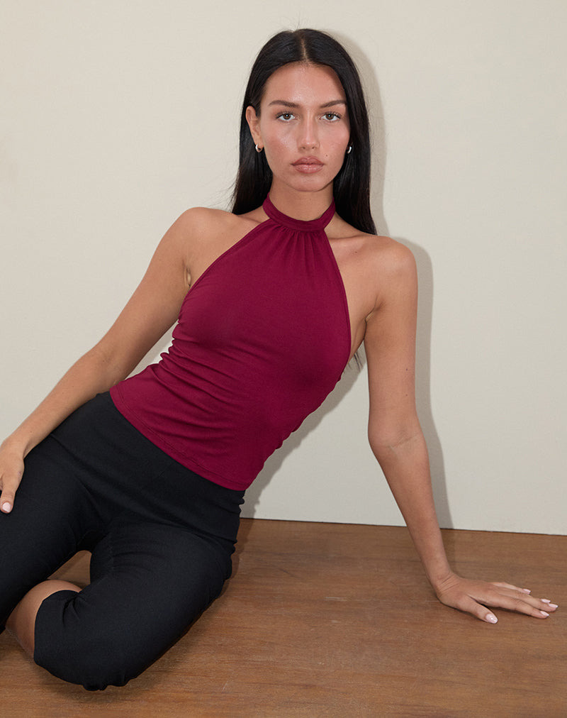 Raceline Haltertop in Rayon Jersey Bourgondië