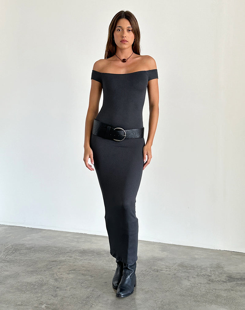 Afbeelding van Racha Dikke Rib Bardot Maxi Dress in Black Forest
