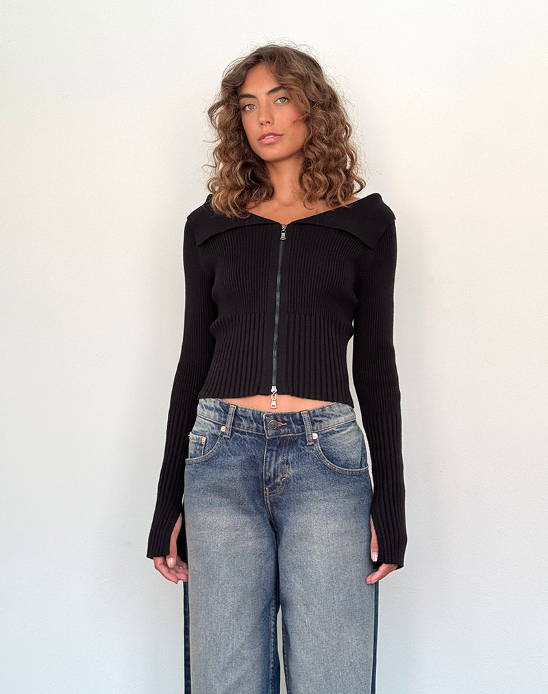 Afbeelding van Radia Lange Mouw Off-Shoulder Zip Through Trui in Zwart
