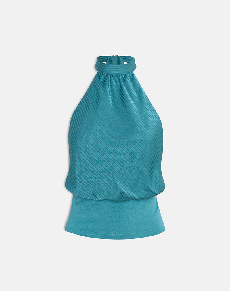Afbeelding van Rania Rugloze Top in Stripe Satijn Teal