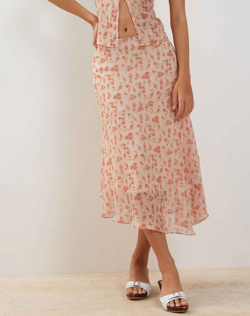 Rans Watervalzoom chiffon midirok in Perzik Kersenbloesem