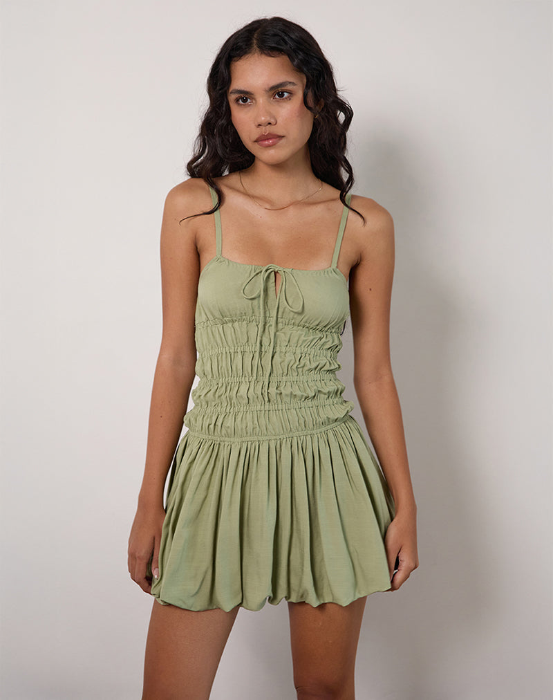 Afbeelding van Rasmil Bubble Hem Mini Dress in Sage Green
