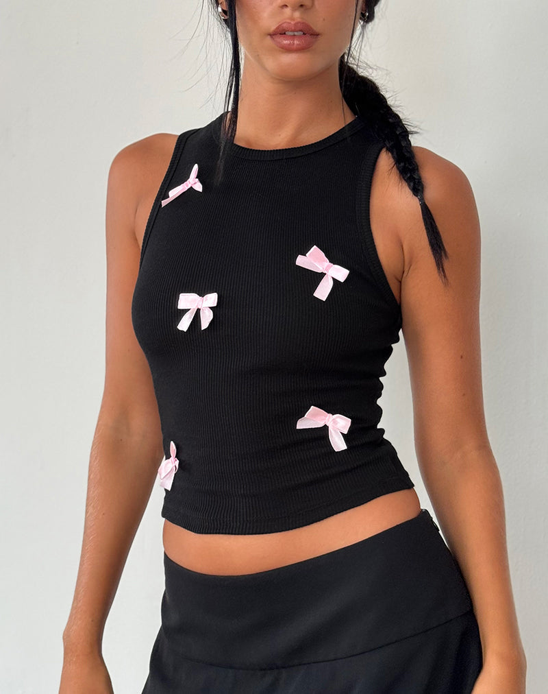 Rave Vest Top in Zwart met Roze Strikjes