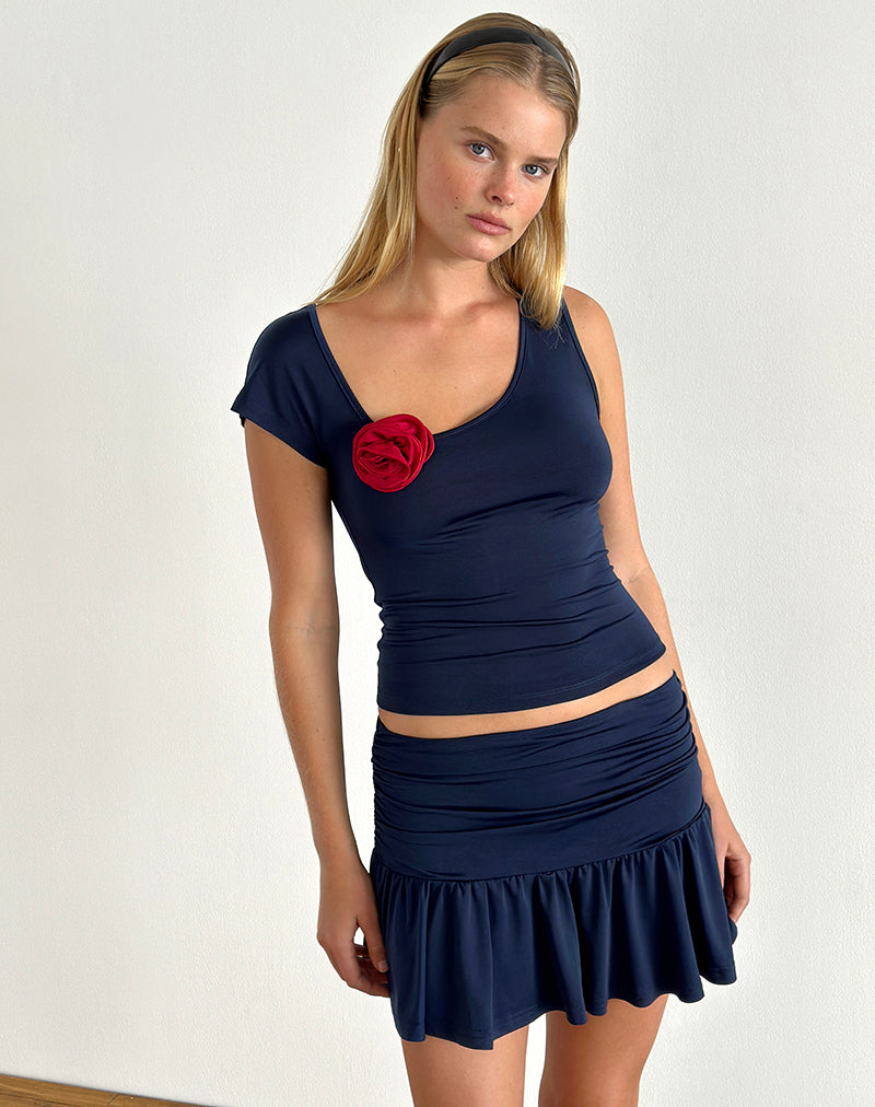Afbeelding van Rayla Top in Lycra Dark Navy met Rode Rozet