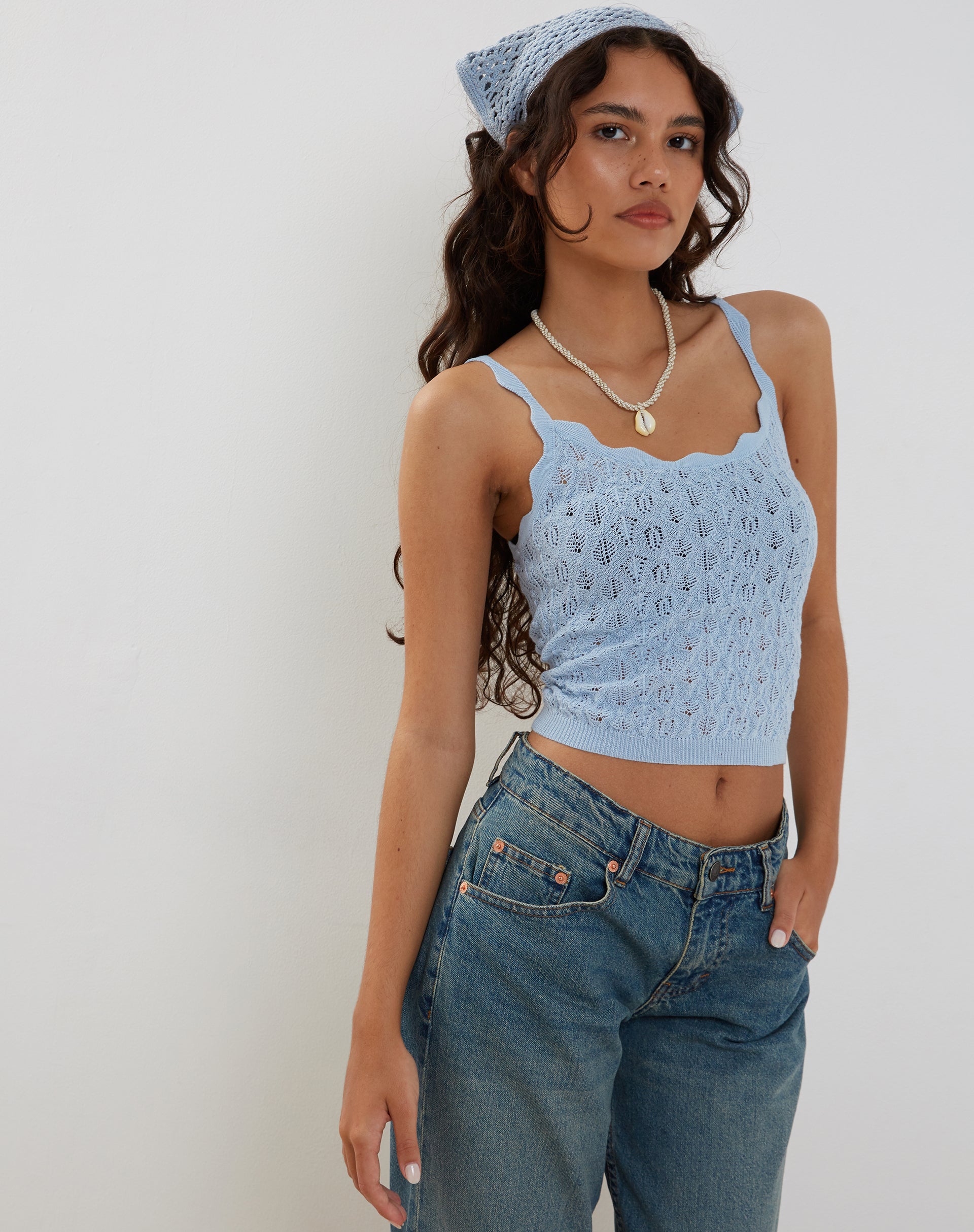 Afbeelding van Reagan Pointelle Knit Cami Top in Baby Blue