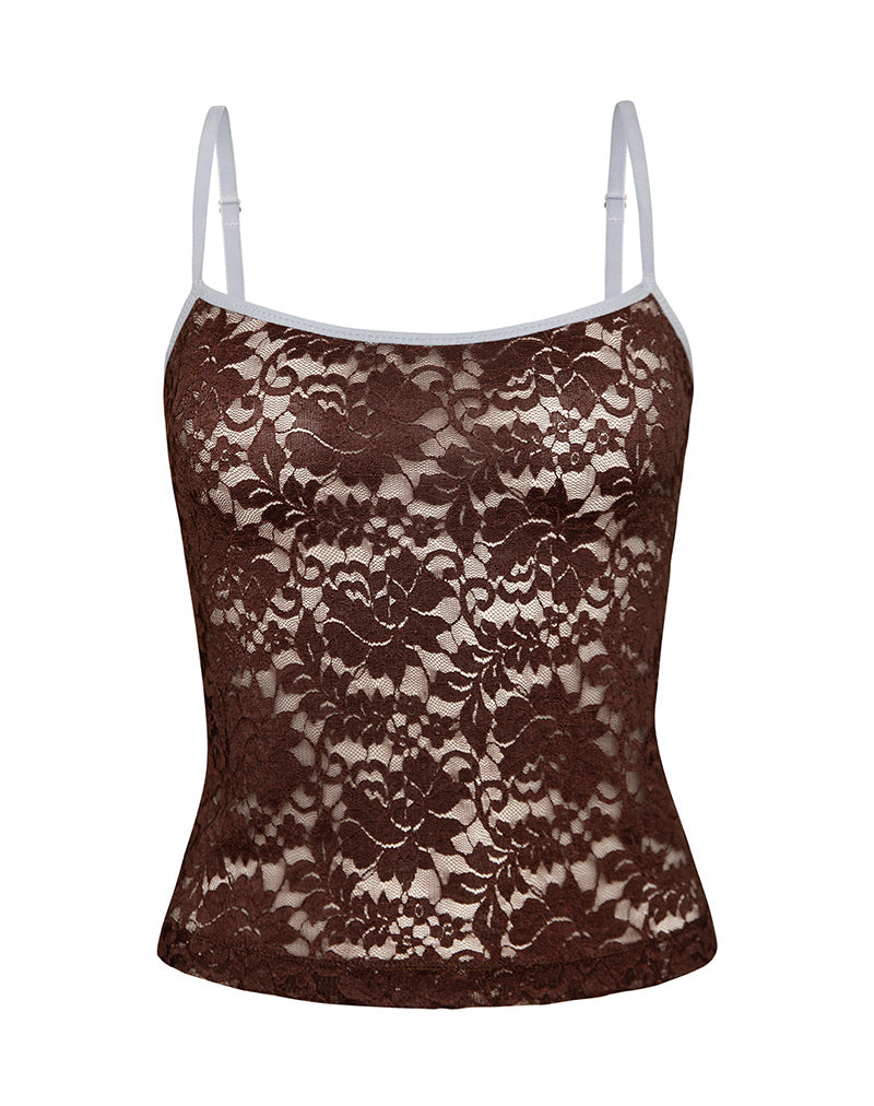 Afbeelding van Redum Cami Top in Chocolade Kant met Blauwe Bies