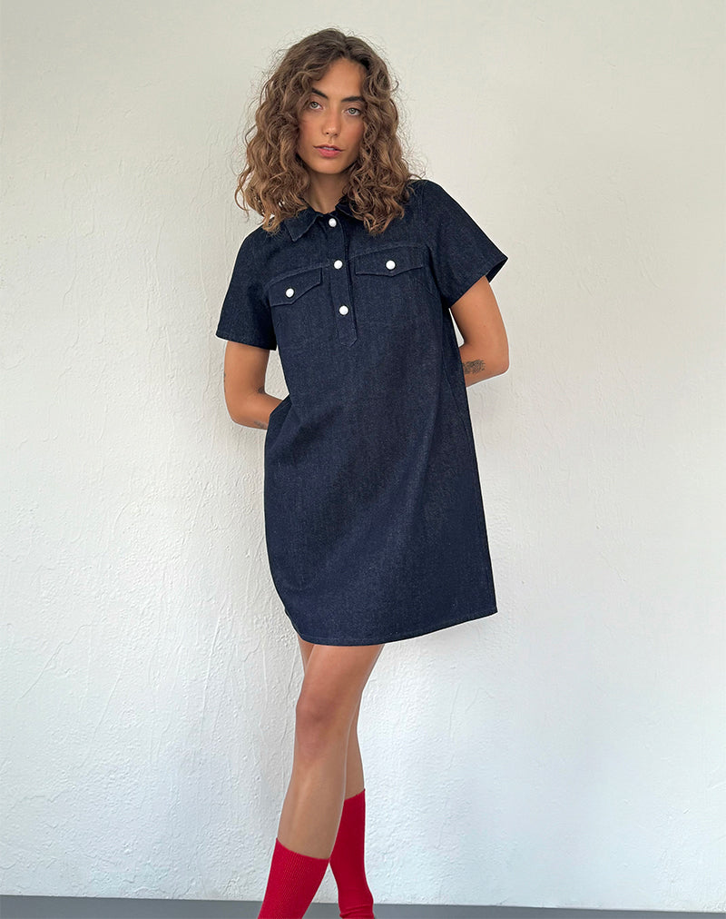 Afbeelding van Reiga Smock Mini Jurk in Denim Indigo
