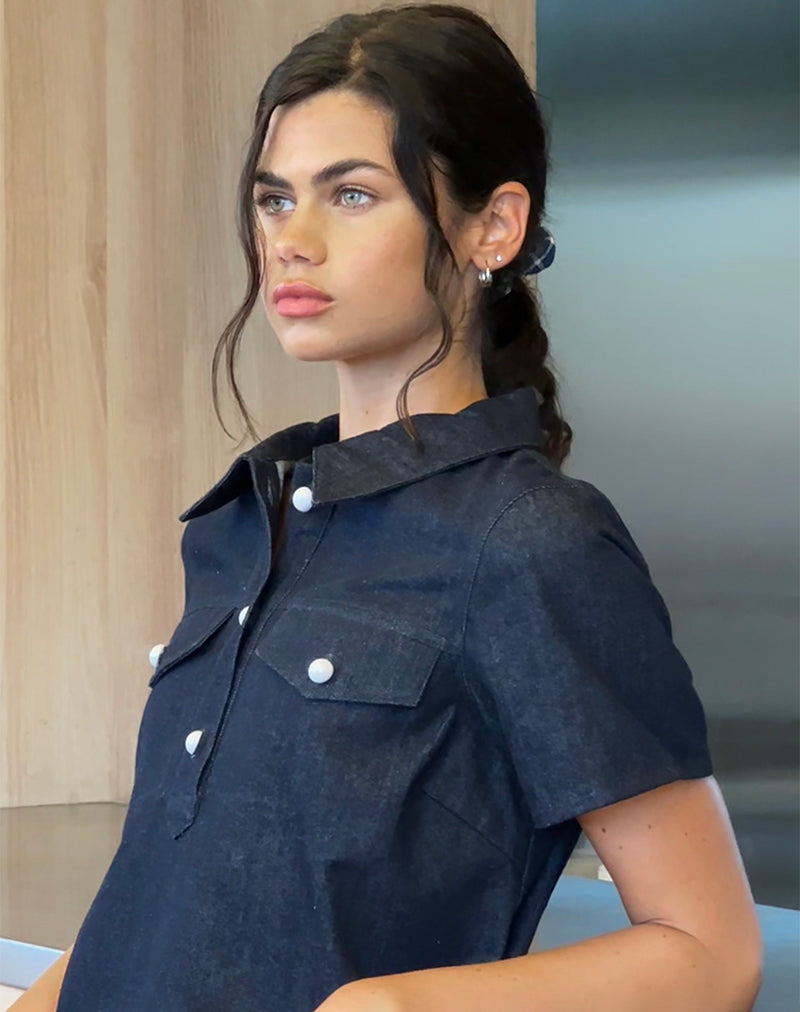 Reiga Smock Mini Jurk in Indigo Denim