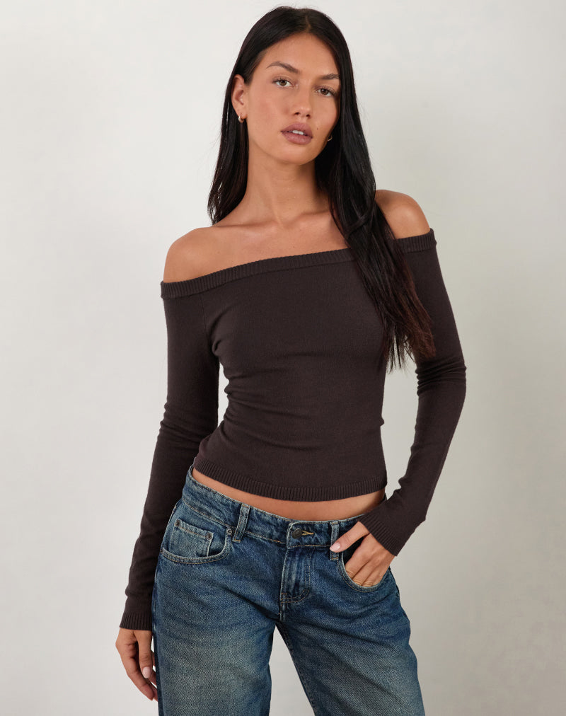 Renie Bardot Top in donkerbruin breisel