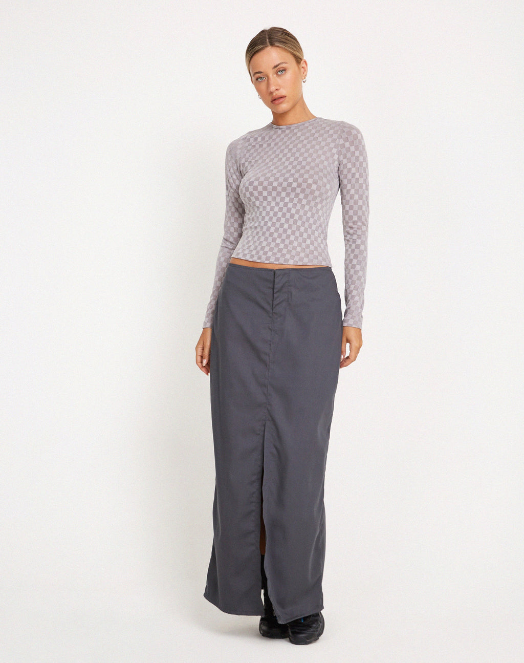 Natari Crop Top met lange mouwen in geruit grijs