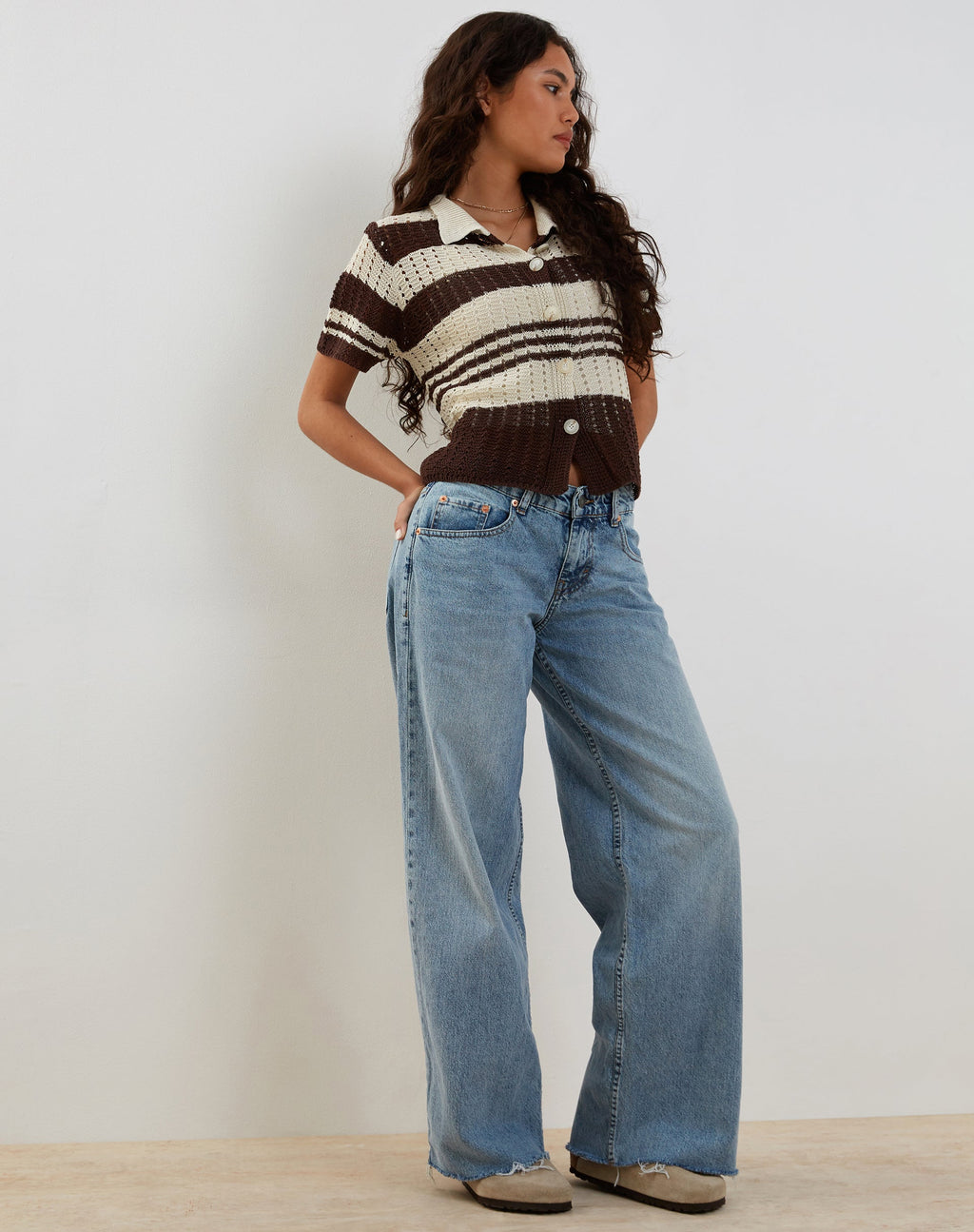 Siwi Pointelle Gebreide Polo Top in Stripe Neutral