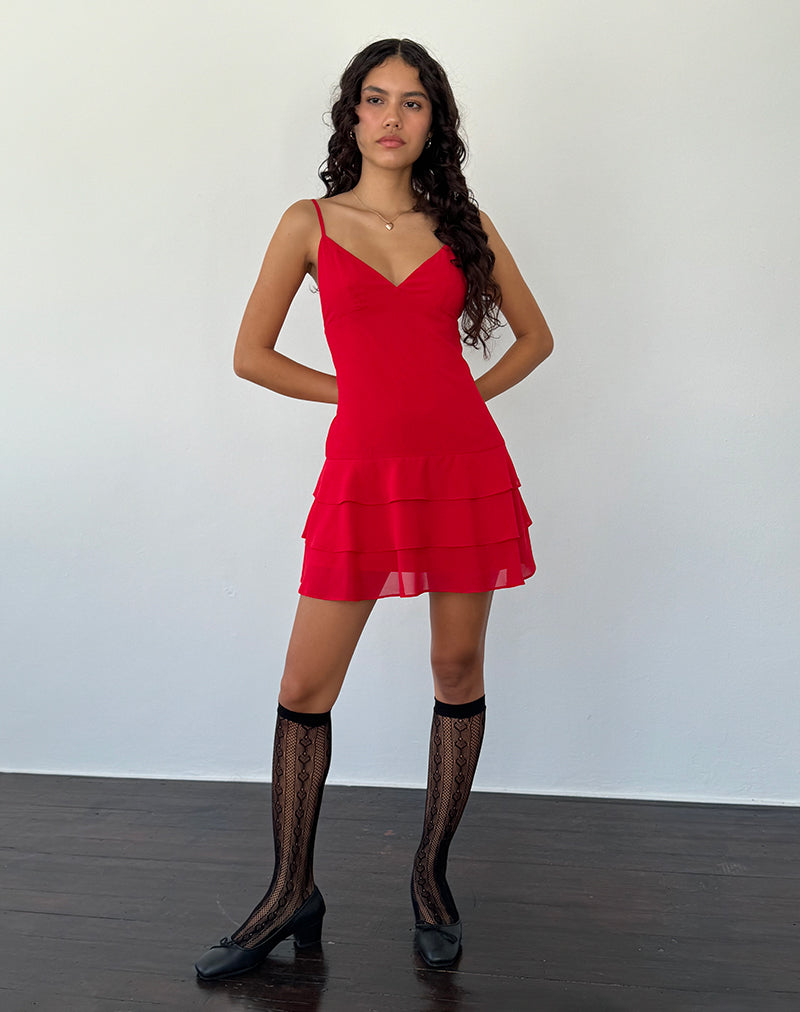 Riasi Mini Jurk met Ruches in Chiffon Rood
