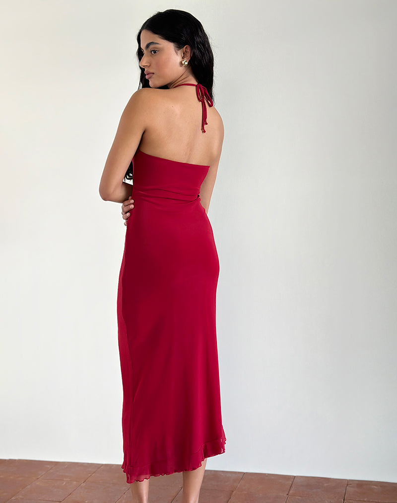 Afbeelding van Ribka Midi-jurk met halterhals in Mesh Cherry