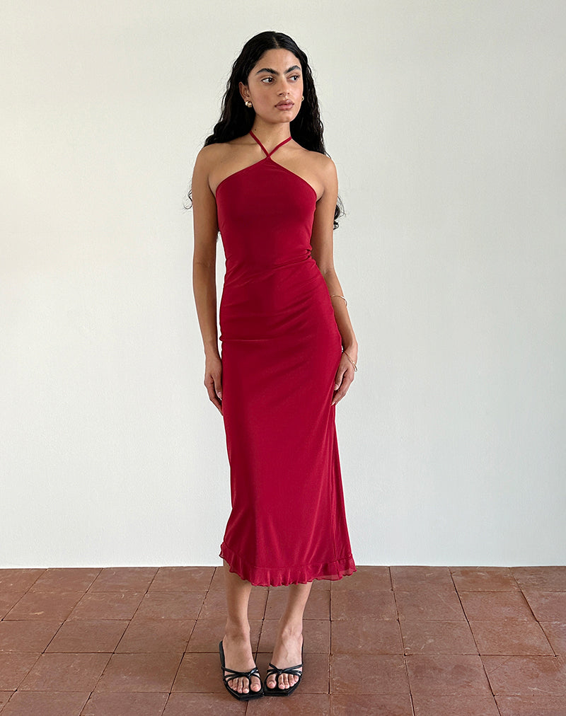 Afbeelding van Ribka Midi-jurk met halterhals in Mesh Cherry