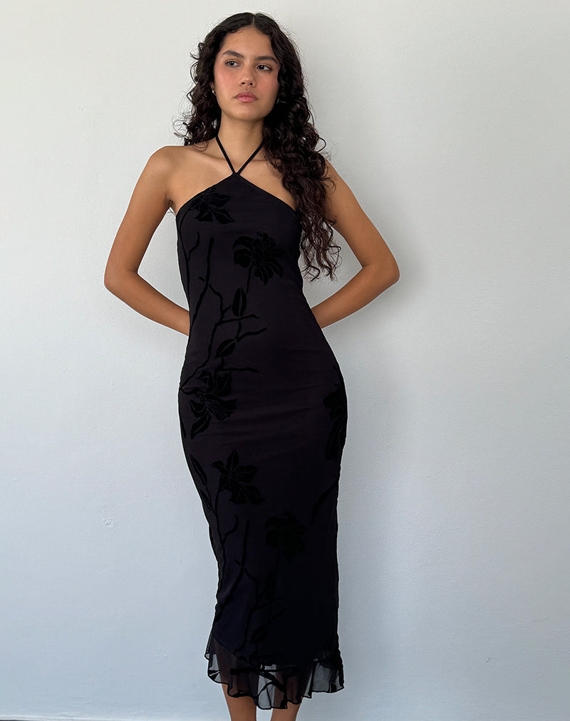 Afbeelding van Ribka Halternek Midi Dress in Orchids Flock Zwart