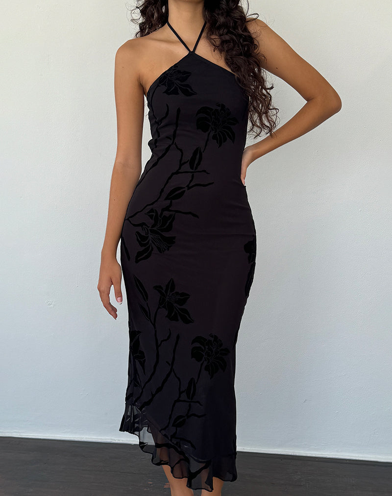 Ribka Halternek Midi Dress in Orchids Flock Zwart