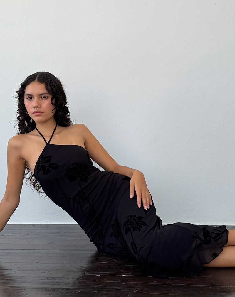 Ribka Halternek Midi Dress in Orchids Flock Zwart