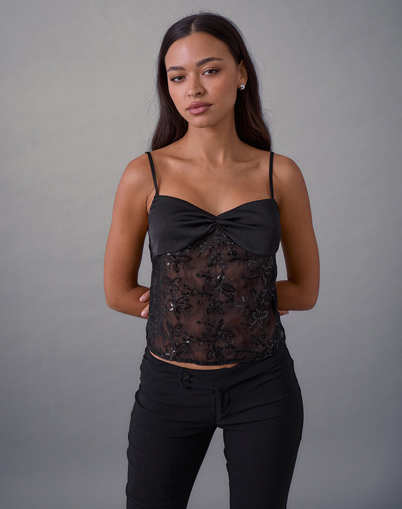 Afbeelding van Rikasu Top in Bloemig Chiffon Pailletten Zwart