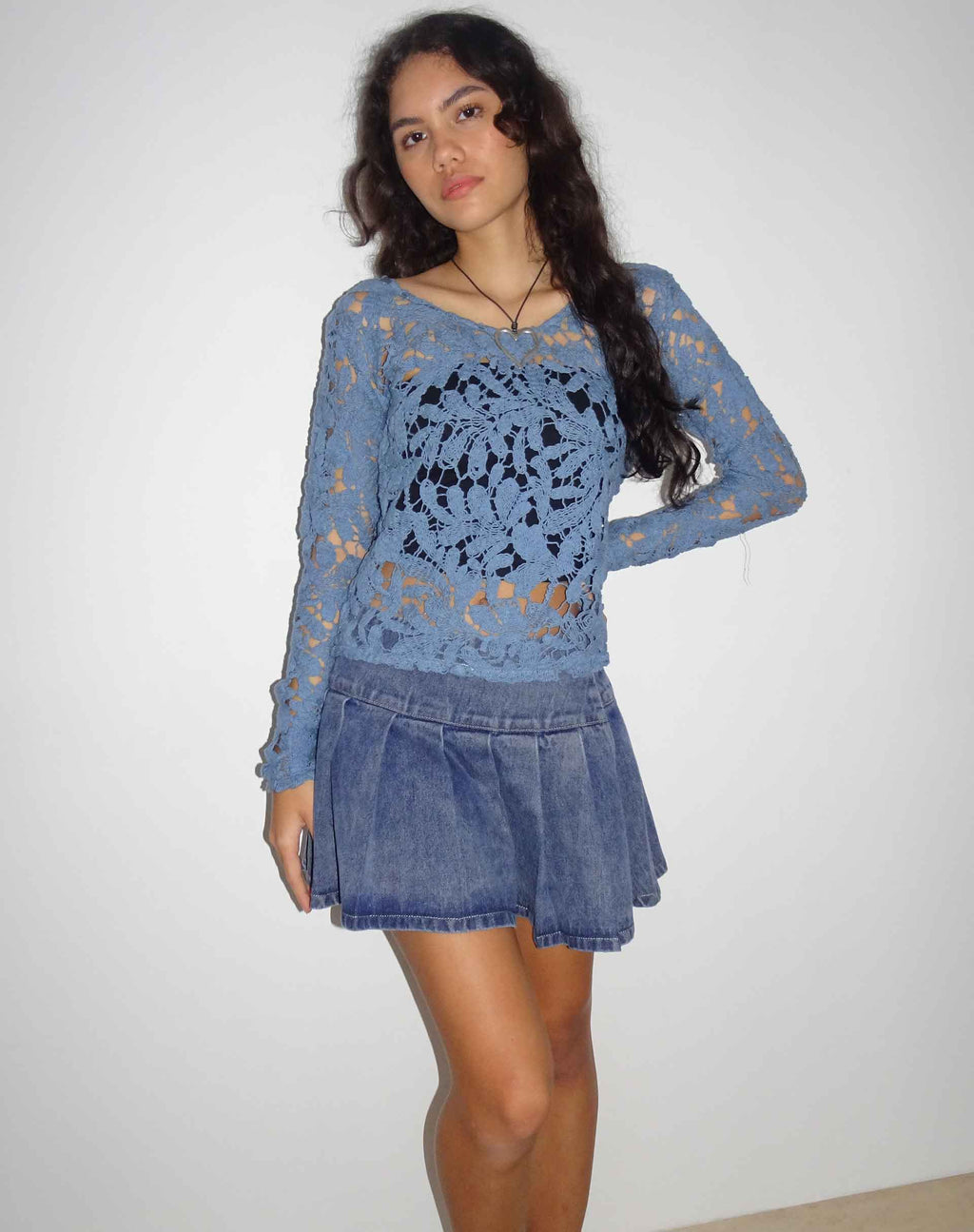 Ripu gebloemde gehaakte top met lange mouwen in Midnight Blue