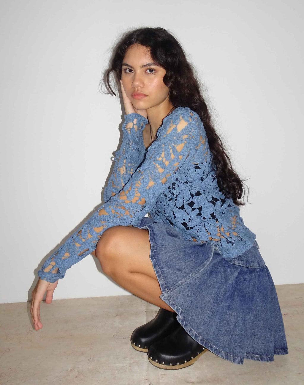 Ripu gebloemde gehaakte top met lange mouwen in Midnight Blue