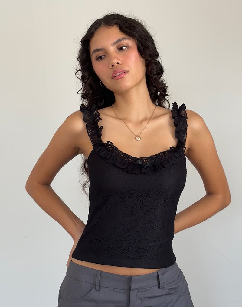 Afbeelding van Roberta Frill Edge Top in Kant Zwart