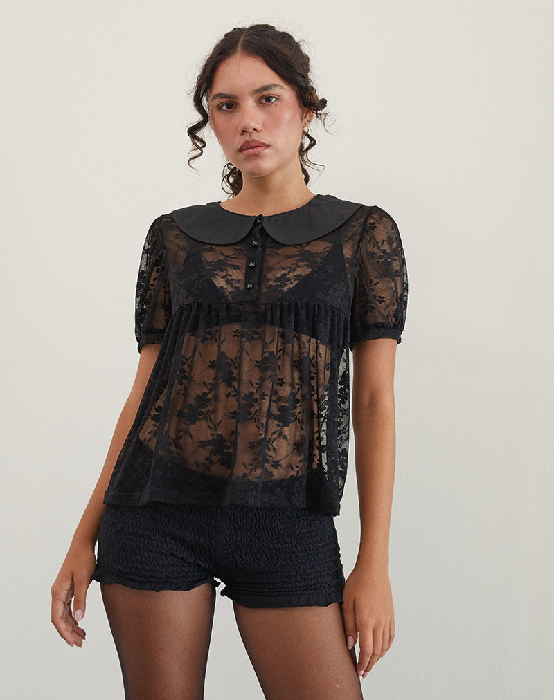 Afbeelding van Rochea Blouse in Ongevoerde Kant Zwart