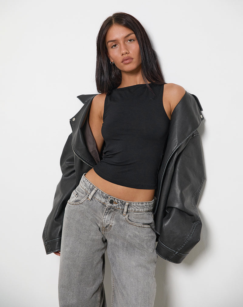 Rocio Hoge Hals Rugloze Tank Top in Zwart