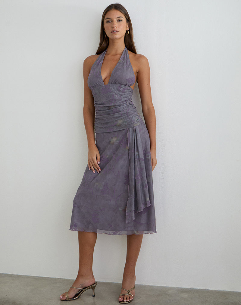 Afbeelding van Rokoyo halternek midi-jurk in Flare Flower Purple